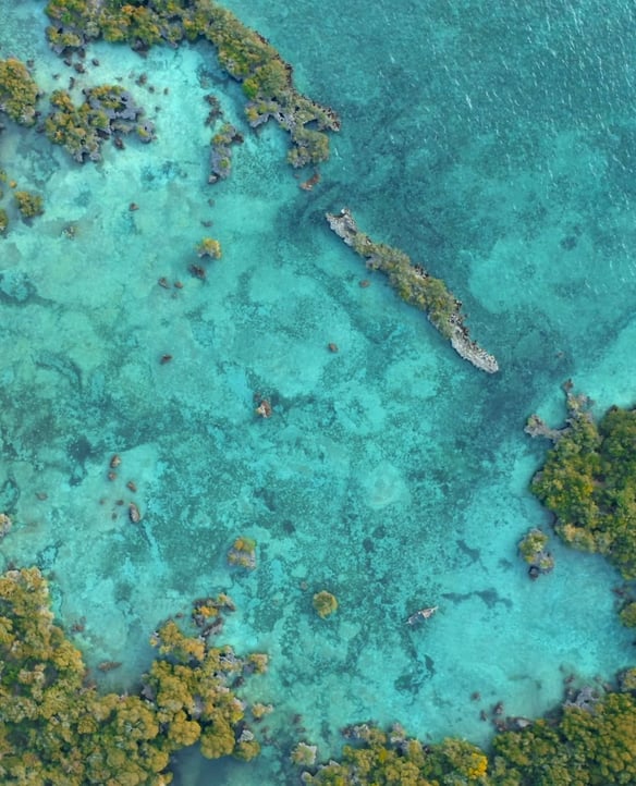Turquoise lagoon and cayes from above